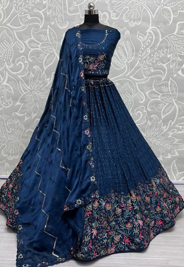 Blue Chinon Lehenga Choli