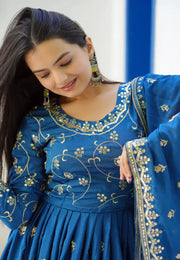 Blue Chinon Readymade Long Anarkali Suit