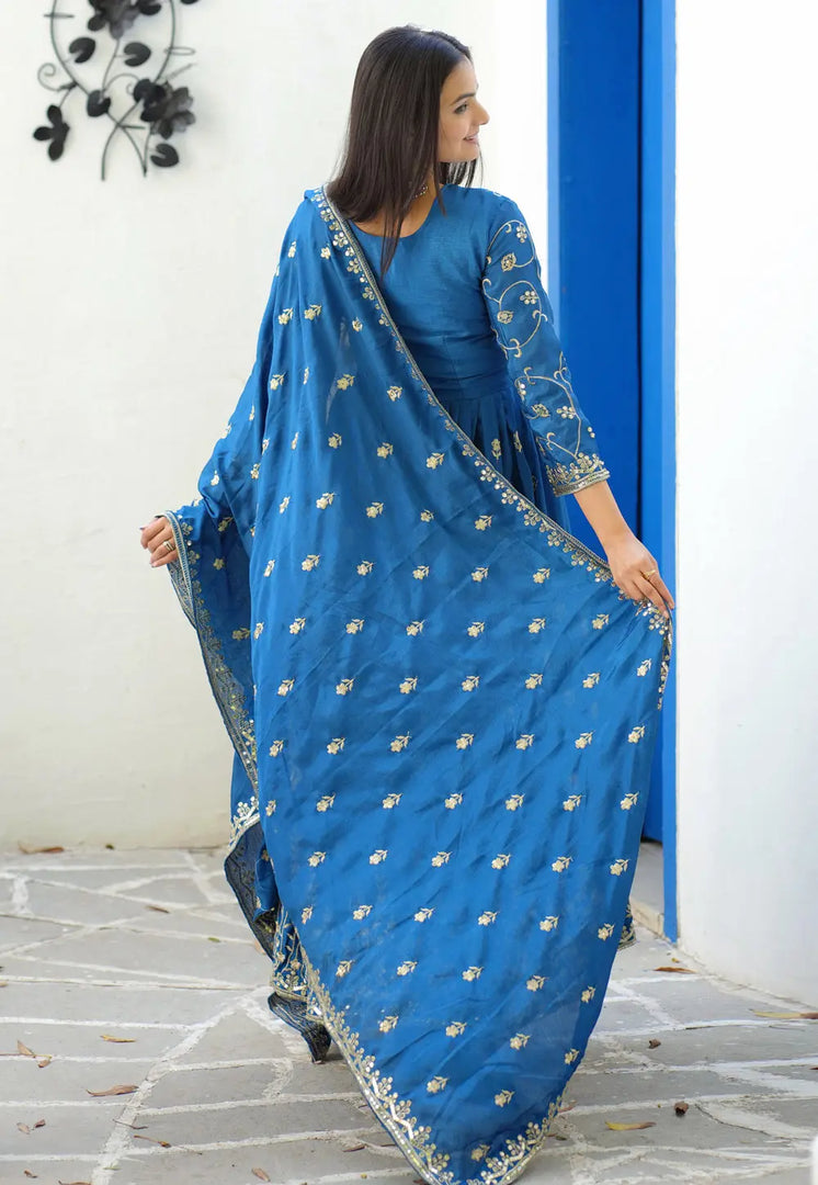 Blue Chinon Readymade Long Anarkali Suit