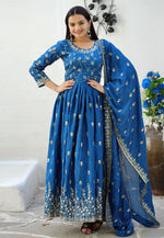 Load image into Gallery viewer, Blue Chinon Readymade Long Anarkali Suit
