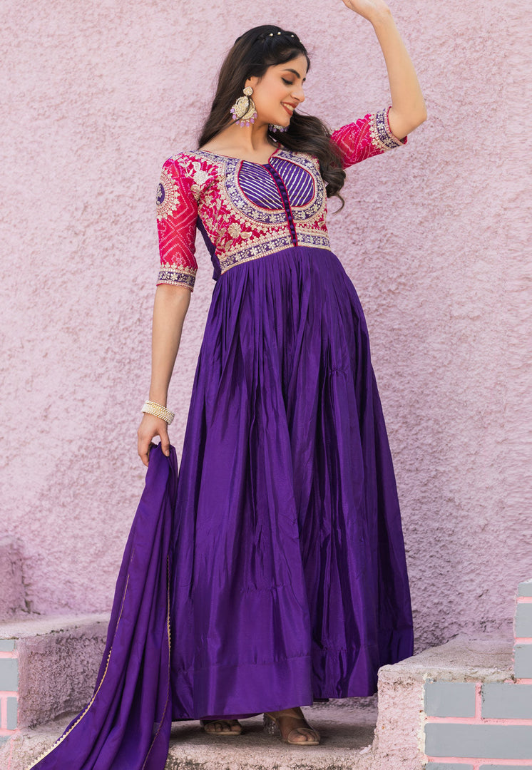 Blue Chinon Readymade Long Anarkali Suit