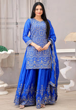 Load image into Gallery viewer, Blue Chinon Readymade Pakistani Suit
