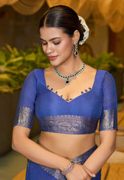 Blue Chinon Saree With Blouse