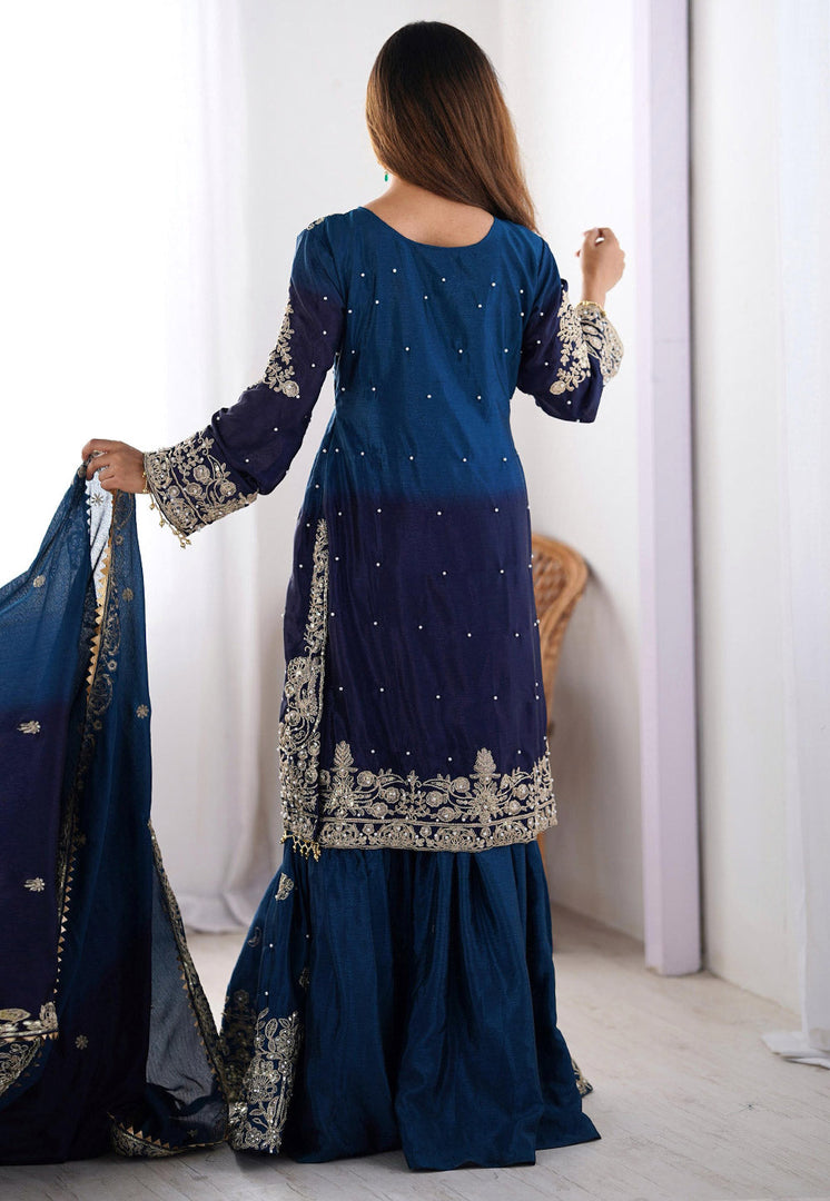Blue Chinon Silk Readymade Gharara Suit