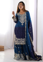 Load image into Gallery viewer, Blue Chinon Silk Readymade Gharara Suit
