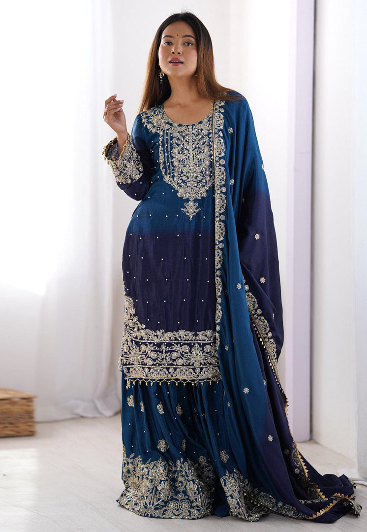 Blue Chinon Silk Readymade Gharara Suit
