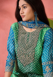 Blue Chinon Silk Readymade Pakistani Suit