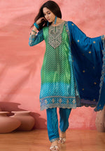 Load image into Gallery viewer, Blue Chinon Silk Readymade Pakistani Suit
