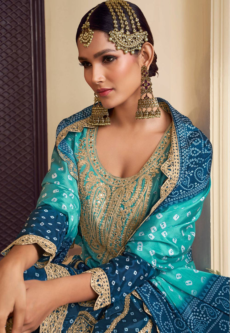 Blue Chinon Silk Readymade Palazzo Suit