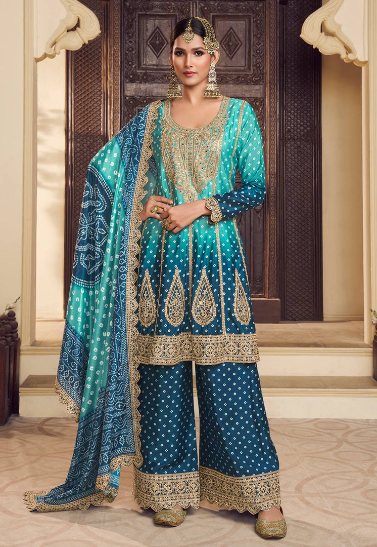 Blue Chinon Silk Readymade Palazzo Suit