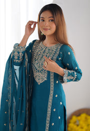 Blue Chinon Silk Readymade Pant Style Suit