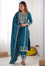 Load image into Gallery viewer, Blue Chinon Silk Readymade Pant Style Suit
