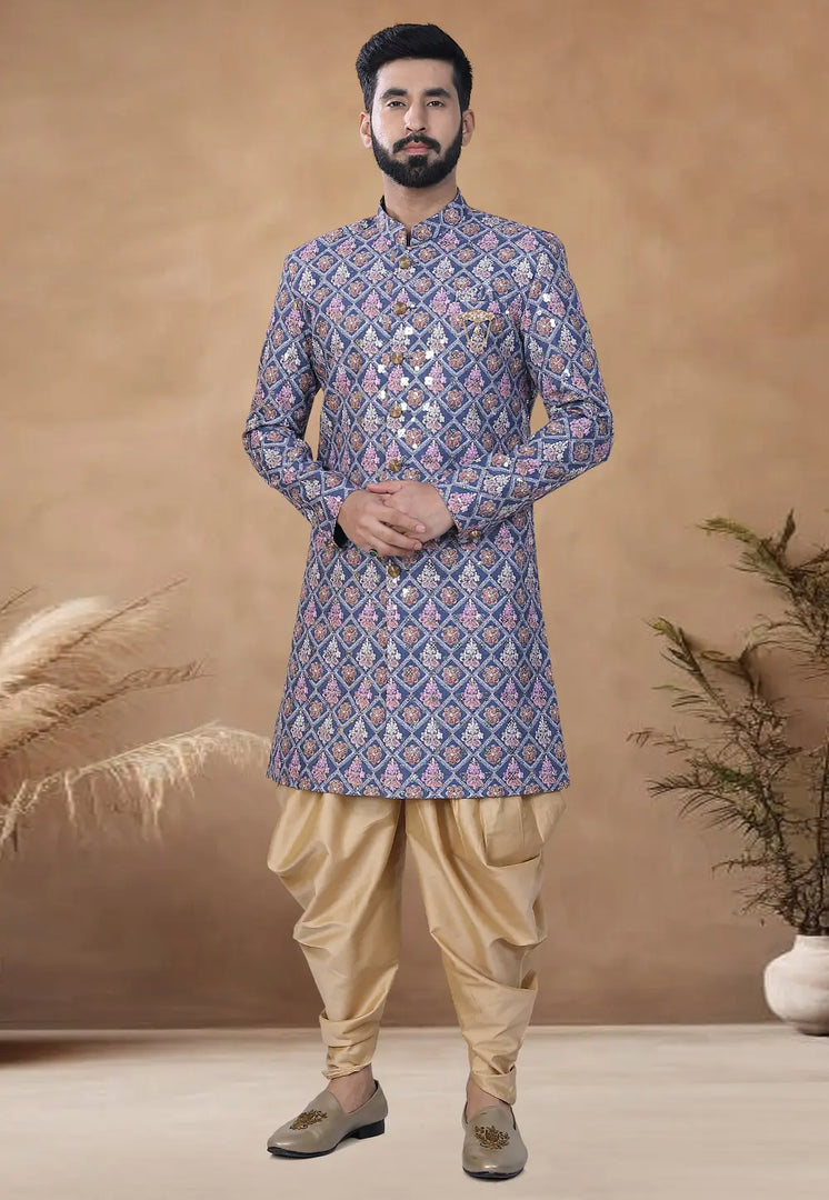 Blue Cotton Indo Western Suit