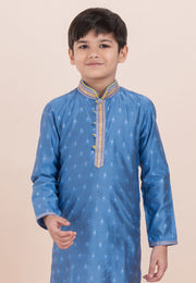 Blue Cotton Jacquard Kids Kurta Pajama