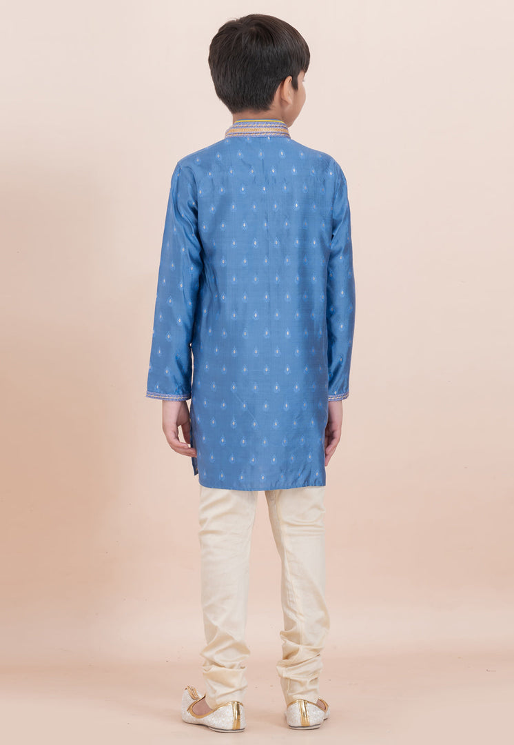 Blue Cotton Jacquard Kids Kurta Pajama