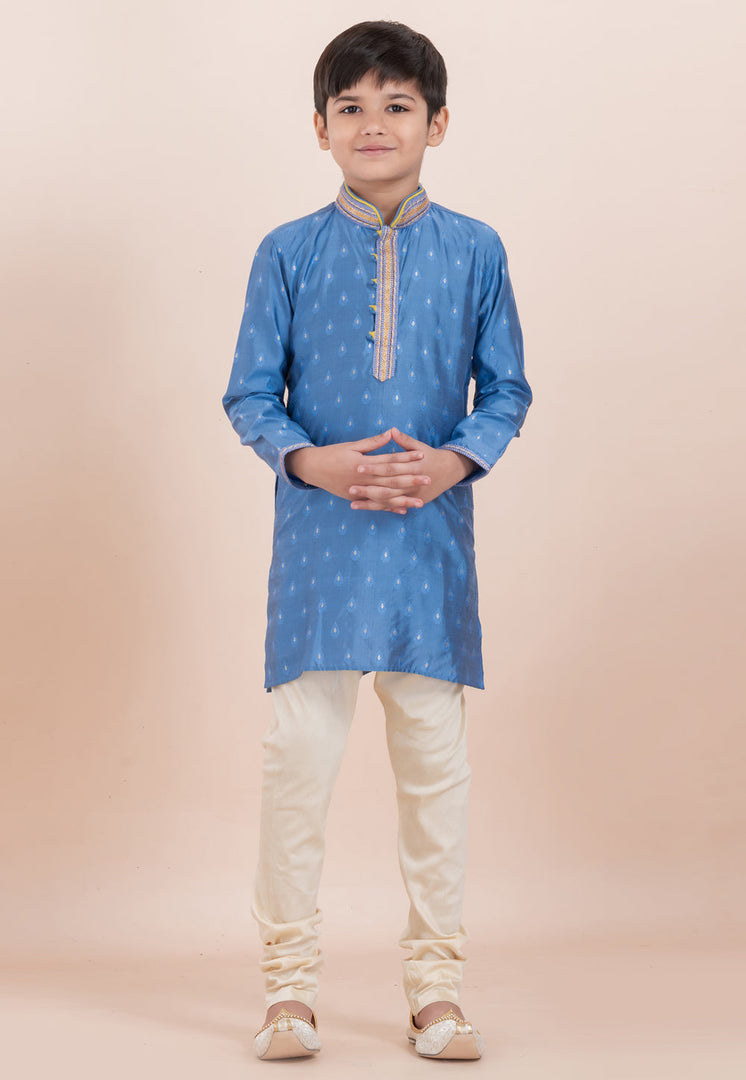 Blue Cotton Jacquard Kids Kurta Pajama