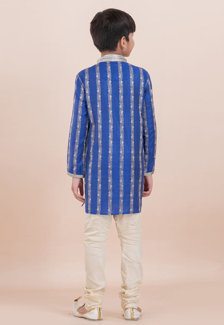 Blue Cotton Jacquard Kids Kurta Pajama