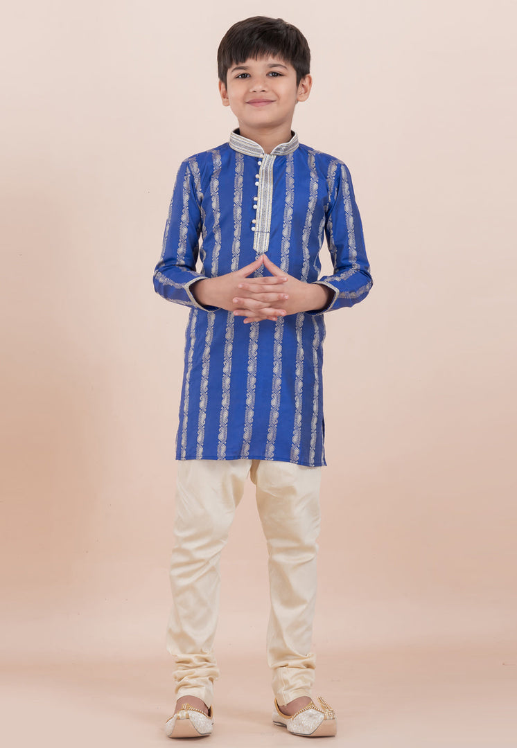 Blue Cotton Jacquard Kids Kurta Pajama
