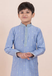 Blue Cotton Jacquard Kids Kurta Pajama