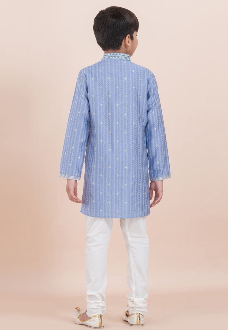 Blue Cotton Jacquard Kids Kurta Pajama