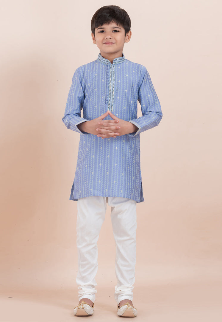 Blue Cotton Jacquard Kids Kurta Pajama