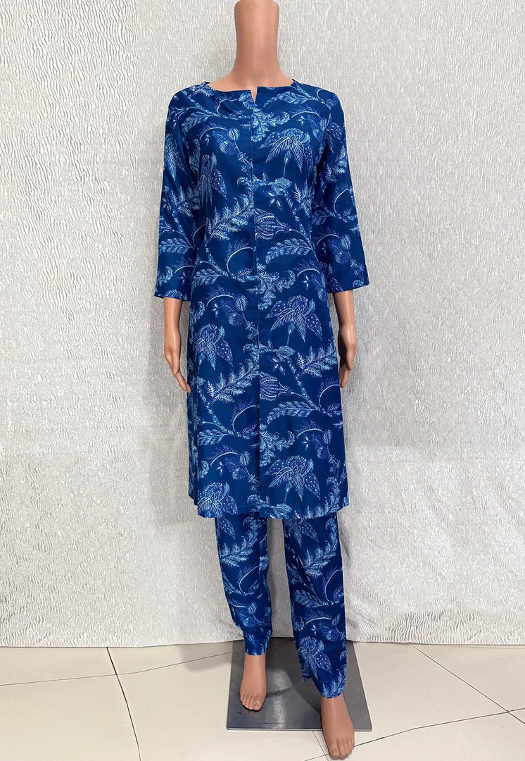 Blue Cotton Kurta Set With Pent