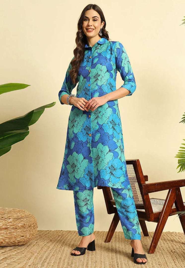 Blue Cotton Kurta Set With Pent