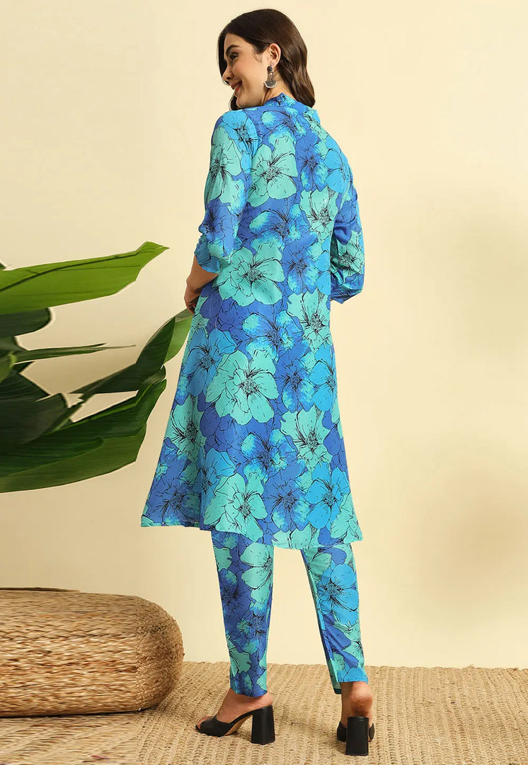 Blue Cotton Kurta Set With Pent