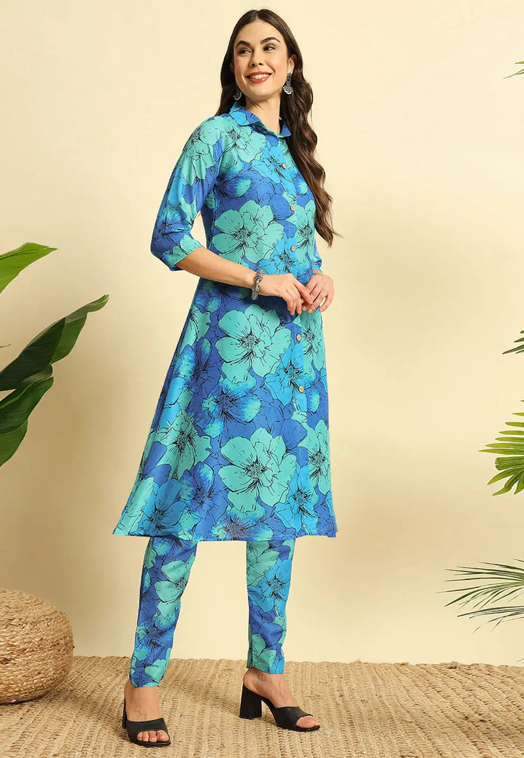 Blue Cotton Kurta Set With Pent