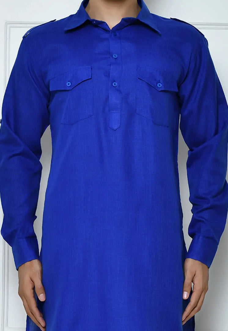 Blue Cotton Pathani Suit