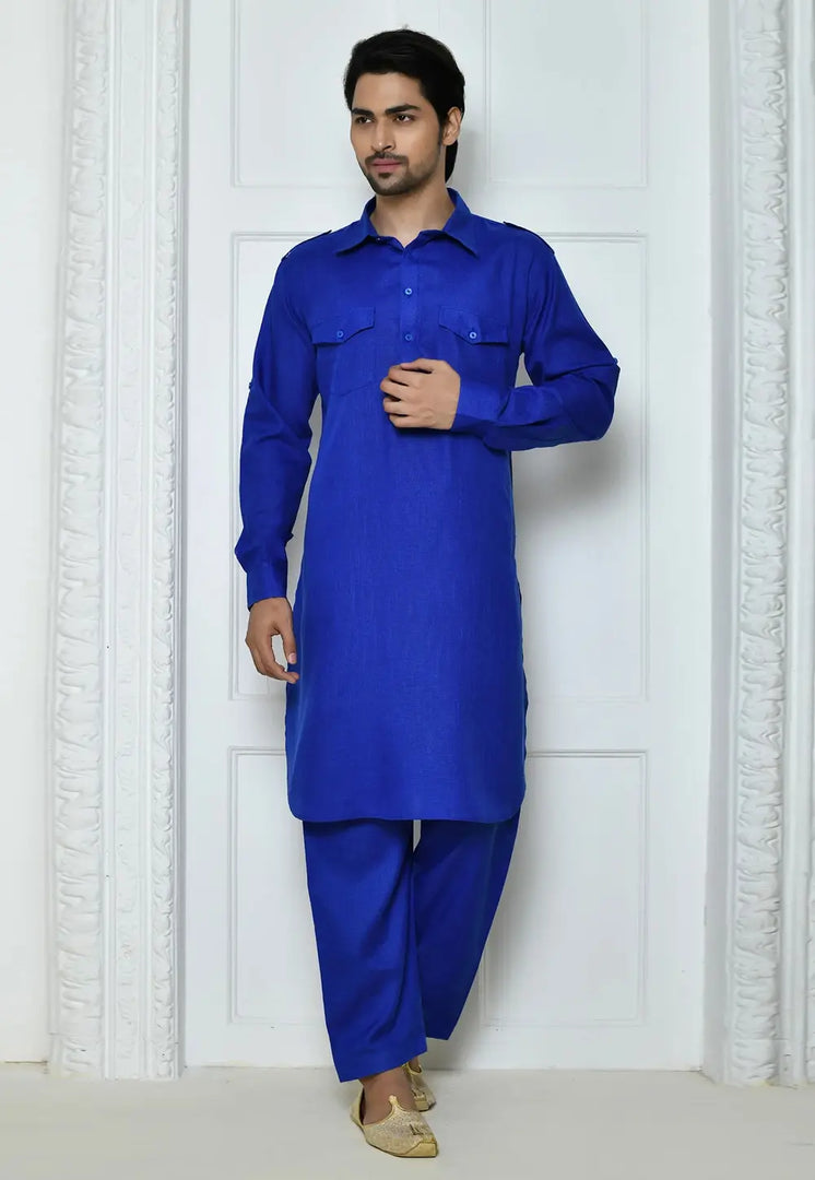 Blue Cotton Pathani Suit