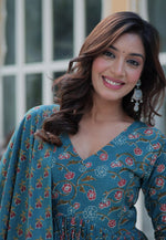 Load image into Gallery viewer, Blue Cotton Readymade Long Anarkali Suit
