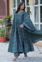 Load image into Gallery viewer, Blue Cotton Readymade Long Anarkali Suit

