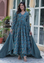 Load image into Gallery viewer, Blue Cotton Readymade Long Anarkali Suit
