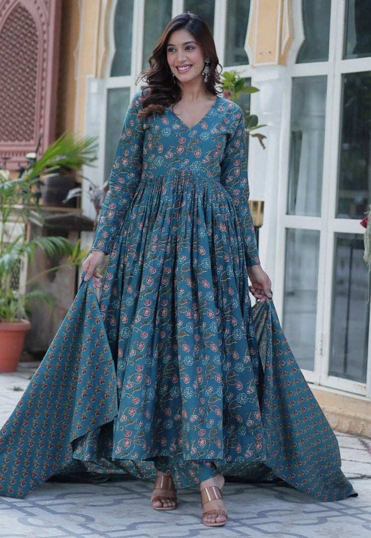 Blue Cotton Readymade Long Anarkali Suit