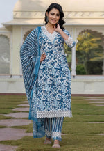 Load image into Gallery viewer, Blue Cotton Readymade Pakistani Suit
