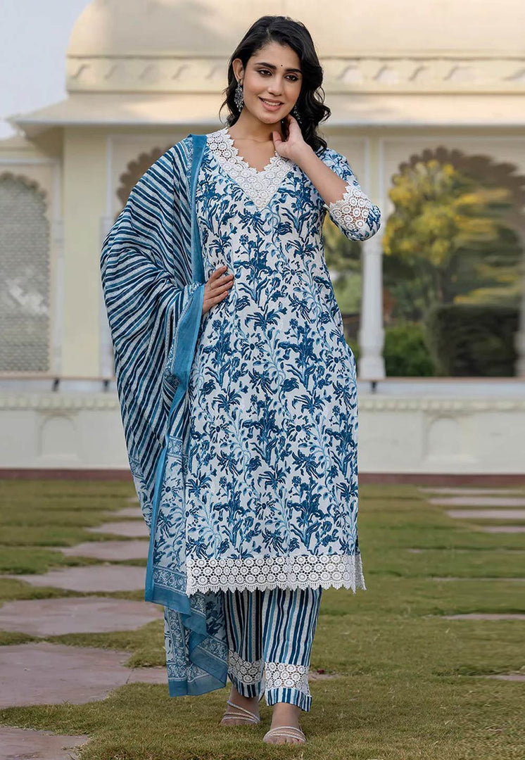 Blue Cotton Readymade Pakistani Suit