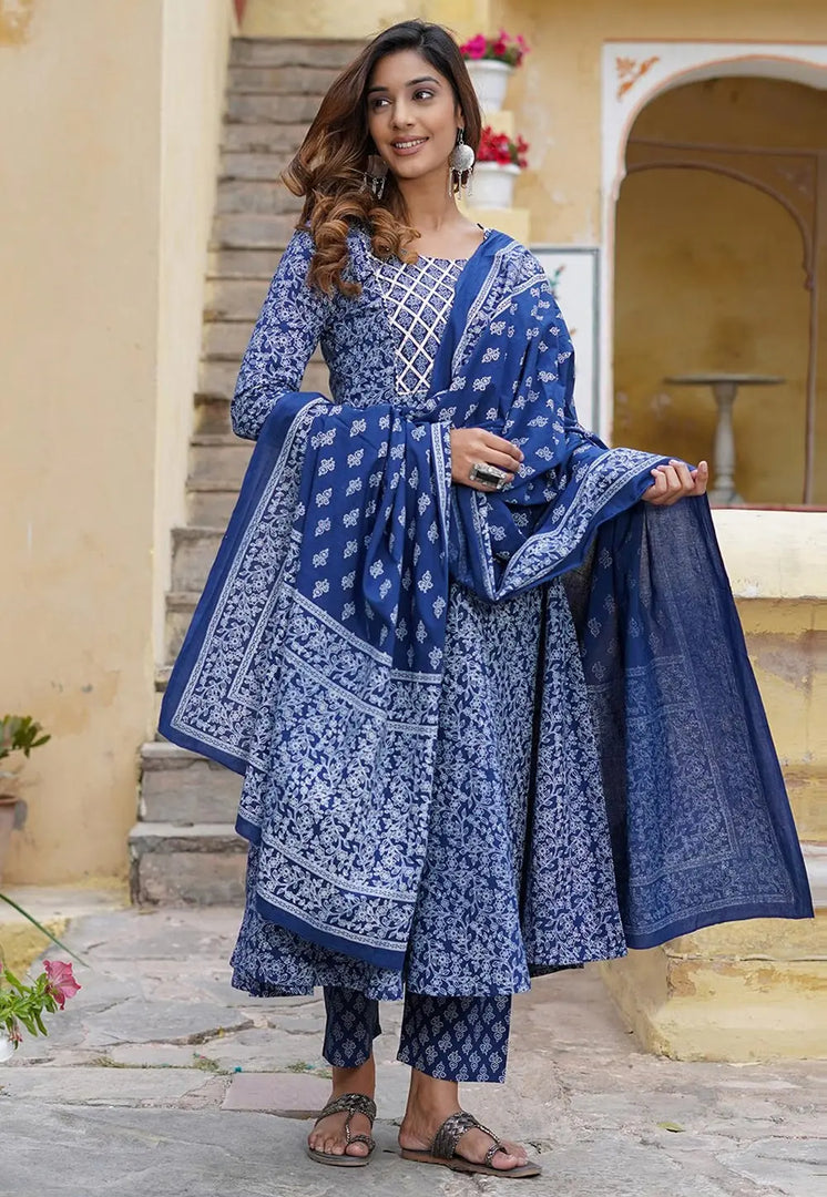 Blue Cotton Readymade Pant Style Suit