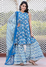 Load image into Gallery viewer, Blue Cotton Readymade Sharara Suit
