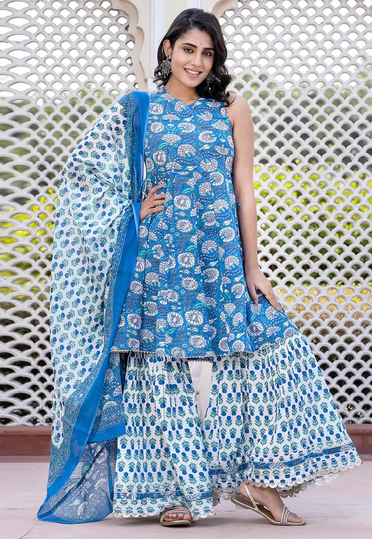 Blue Cotton Readymade Sharara Suit