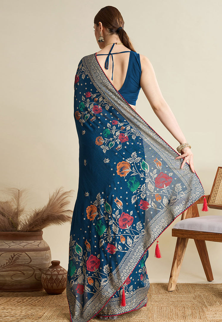 Blue Cotton Saree With Blouse
