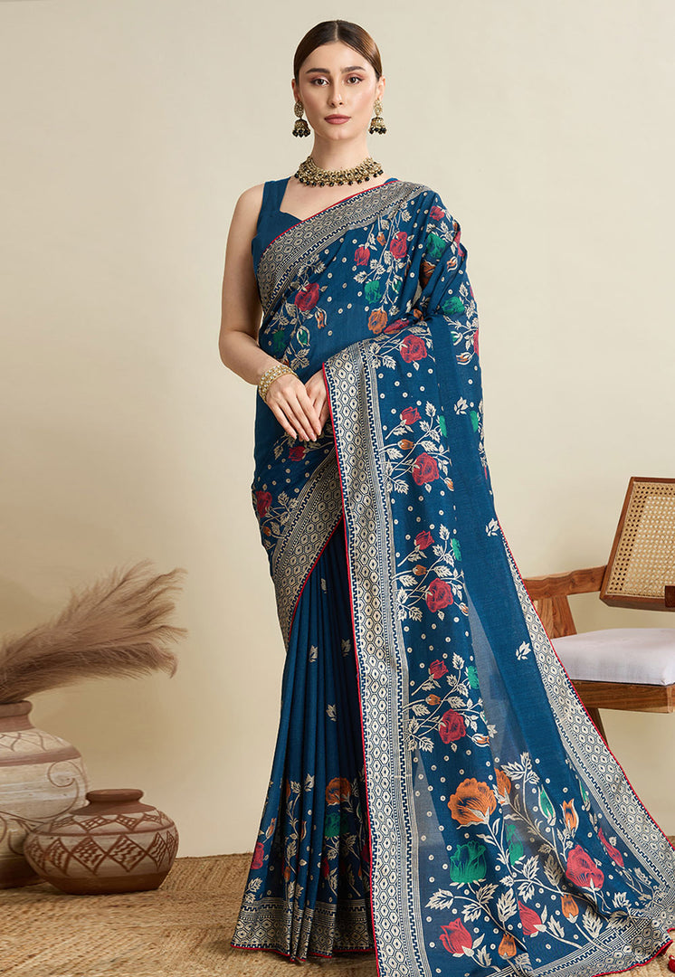 Blue Cotton Saree With Blouse