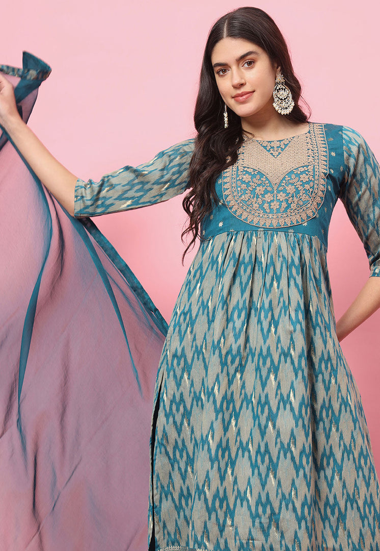 Blue Cotton Silk Readymade Pakistani Suit