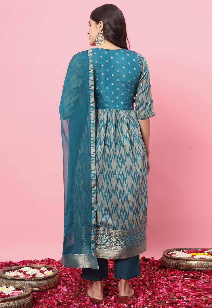 Blue Cotton Silk Readymade Pakistani Suit
