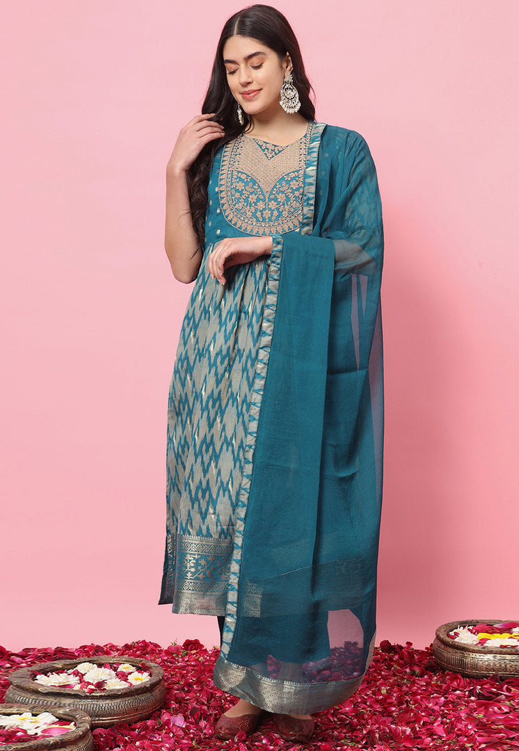 Blue Cotton Silk Readymade Pakistani Suit