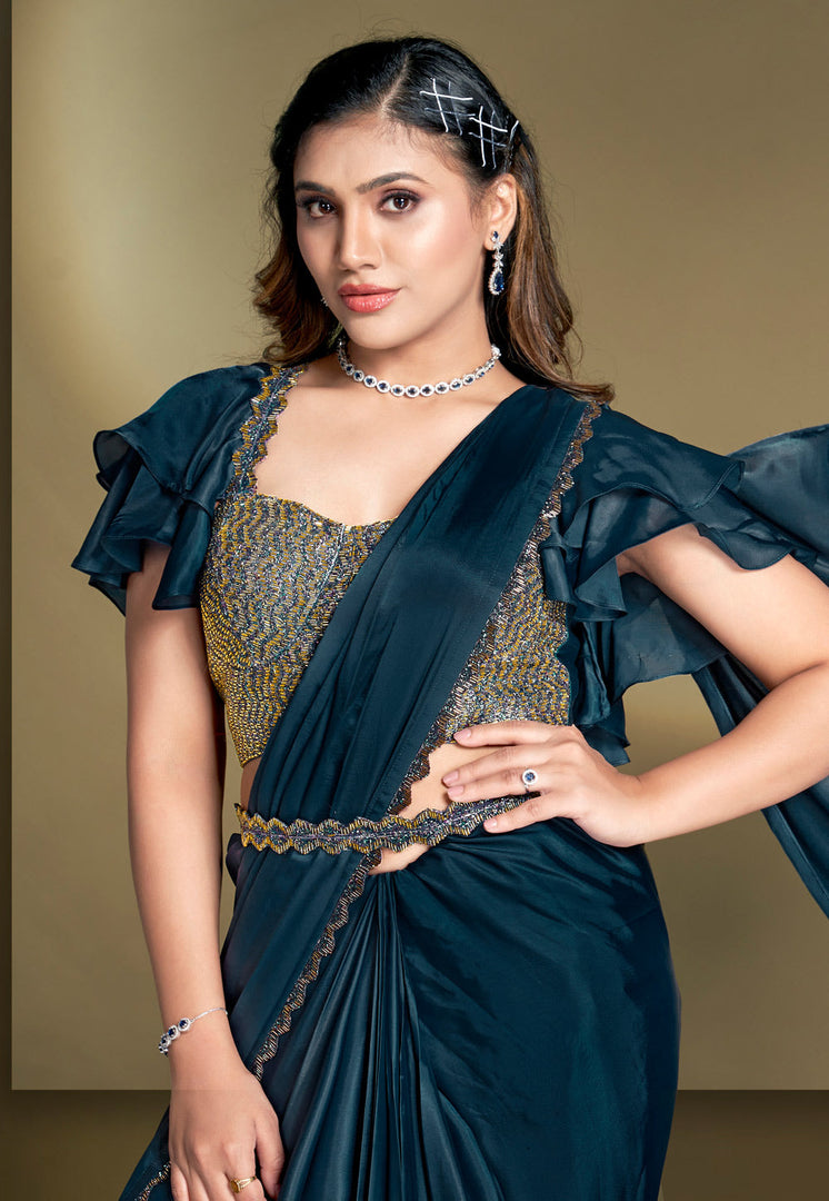 Blue Crepe Lehenga Saree