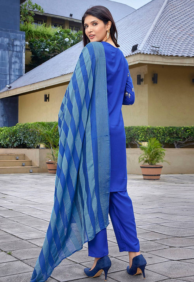 Blue Crepe Readymade Pakistani Suit