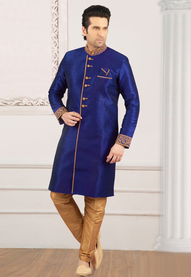 Blue Dupion Silk Indo Western Suit