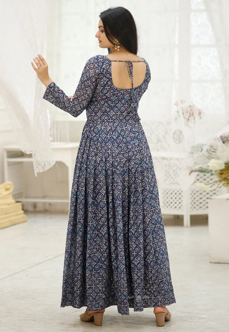 Blue Faux Georgette Printed Gown