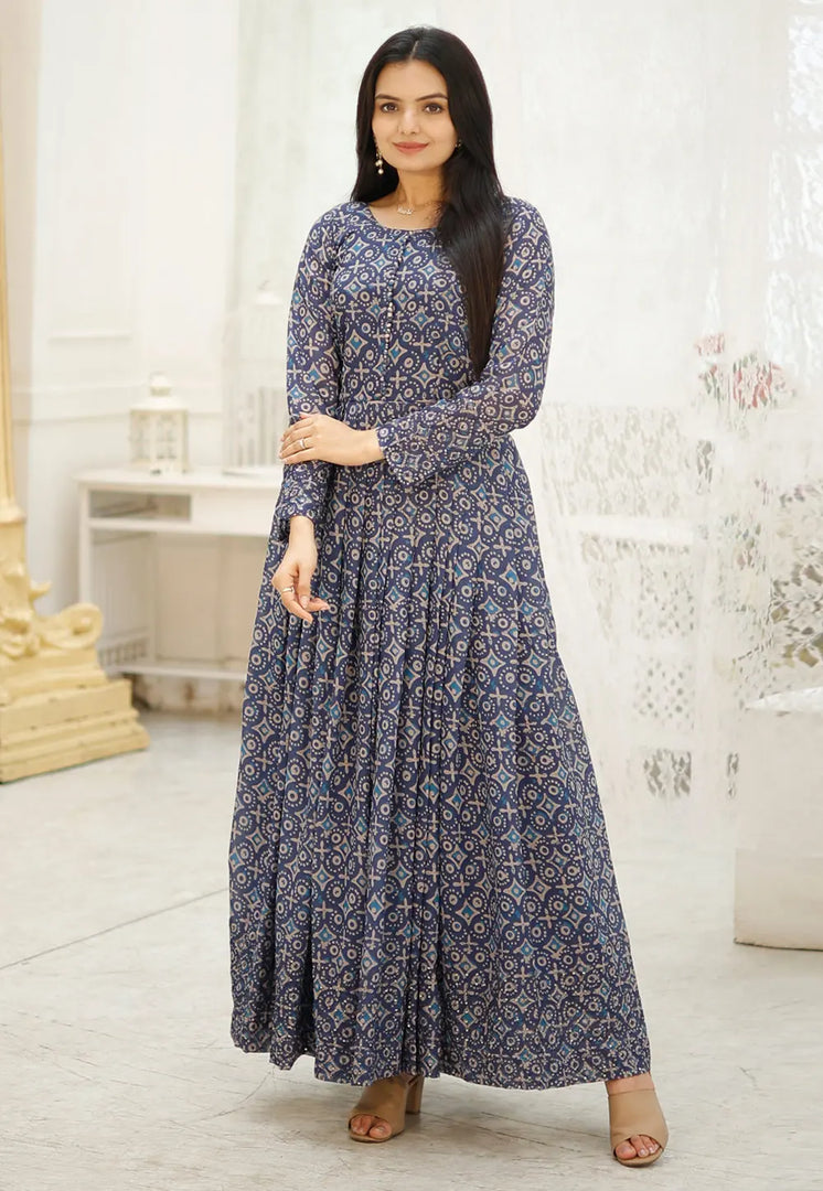 Blue Faux Georgette Printed Gown